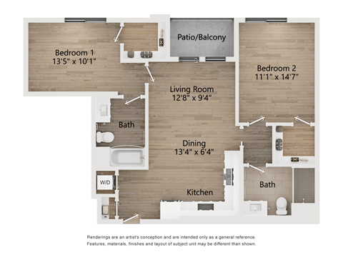 Floor plan for 2 beds, 2 baths, 1023 sqft
